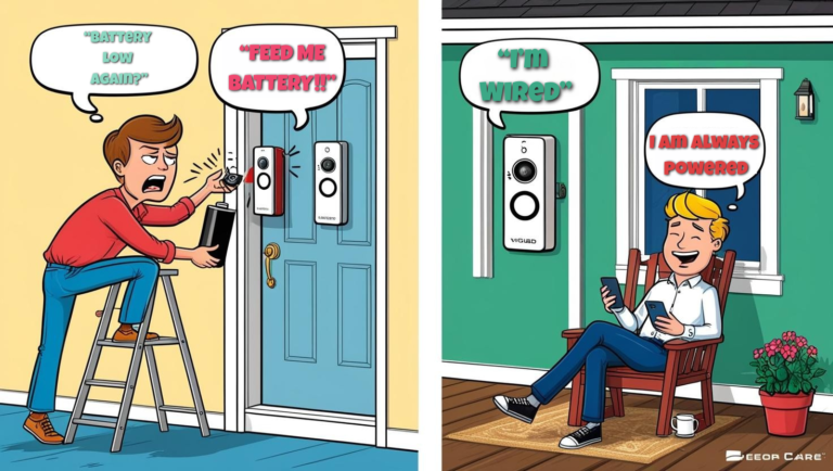 Cartoon comparison of wired and wireless video doorbells: frustrated homeowner with wireless doorbell vs. relaxed homeowner with wired doorbell