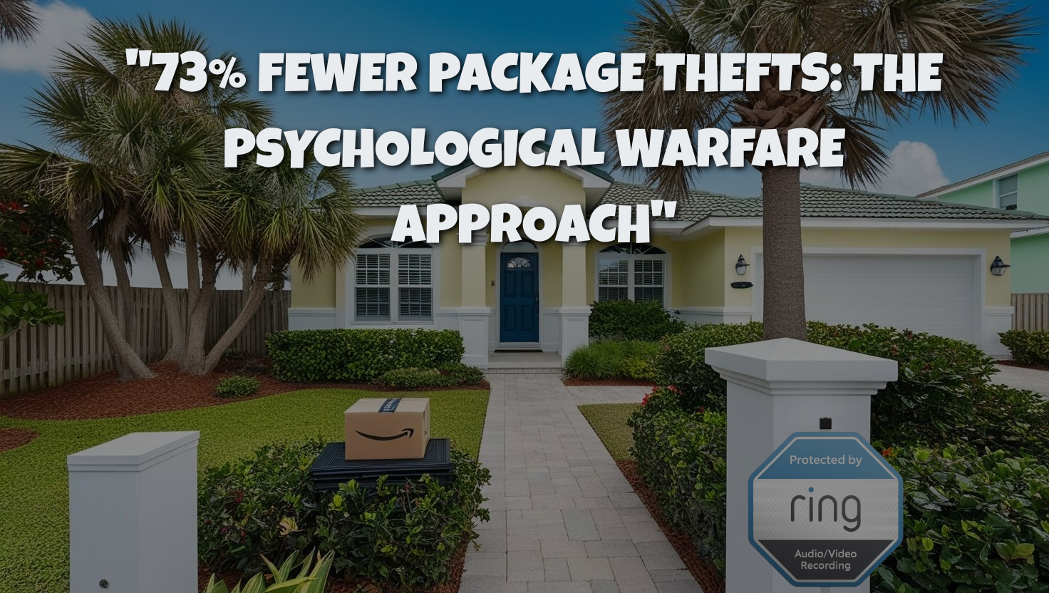 "Blog header image showing a suburban home with a secured Amazon package placed on a delivery box in the front yard. A visible Ring security sign is positioned by the walkway. Bold white text overlay reads '73% FEWER PACKAGE THEFTS: THE PSYCHOLOGICAL WARFARE APPROACH.' The home features well-maintained landscaping with palm trees and shrubs, demonstrating multiple visible security elements that create psychological deterrents for potential package thieves."